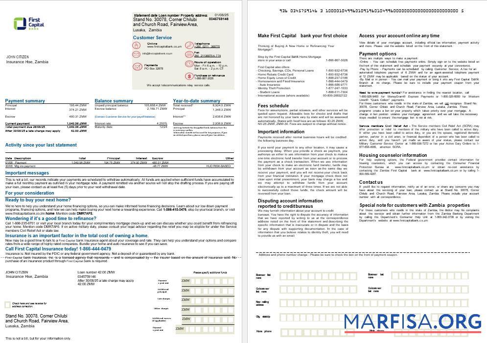 Printable Zambia First Capital Bank mortgage statement in Word and PDF formats, 2 pages sample